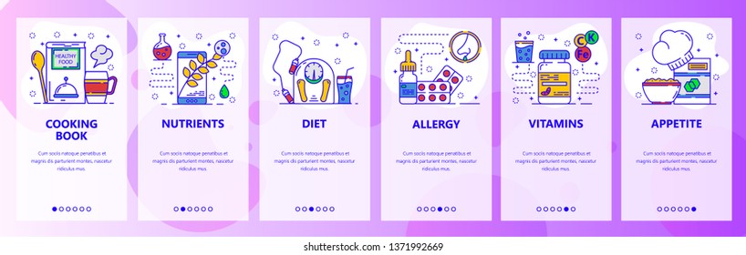 Mobile app onboarding screens. Food and healthy diet. food allergy. Menu vector banner template for website and mobile development. Web site design flat illustration.