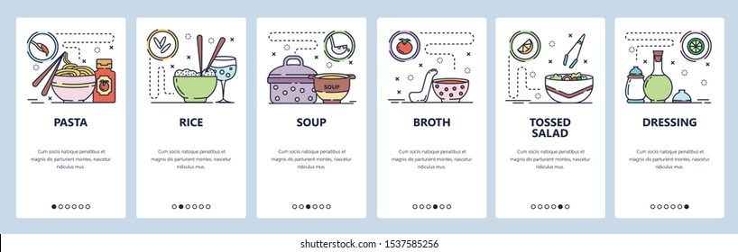 Mobile app onboarding screens. Food menu in cafe or restaurant, pasta, rice, soup, dressing. Vector banner template for website and mobile development. Web site design flat illustration.
