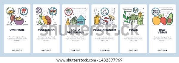 Mobile app onboarding\
screens. Food diet, vegan, vegetarian, pescatarian. Menu vector\
banner template for website and mobile development. Web site design\
flat illustration.