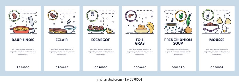 Mobile app onboarding screens. French food, cuisine, eclair, foie gras, onion soup. Menu vector banner template for website and mobile development. Web site design flat illustration.