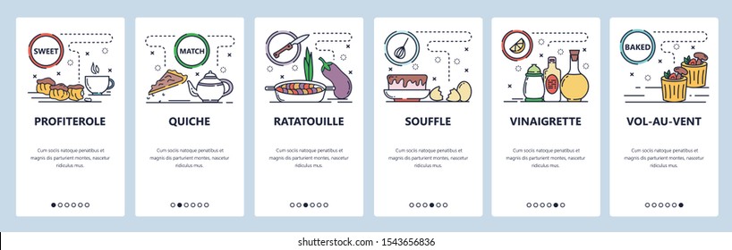 Mobile app onboarding screens. French cuisine and food, profiterole, ratatouille, souffle. Menu vector banner template for website and mobile development. Web site design flat illustration.