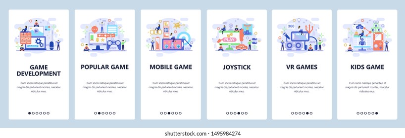 Mobile app onboarding screens. Game development, VR technology, mobile games, joystick. Menu vector banner template for website and mobile development. Web site design flat illustration.