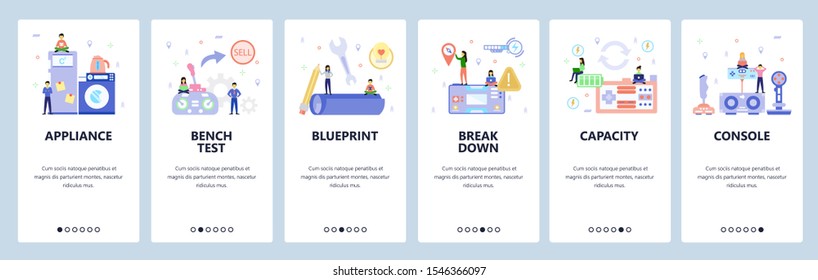 Mobile app onboarding screens. Gaming console, home appliances, battery charge, portable electronic toy. Menu vector banner template for website and mobile development. Web site design flat