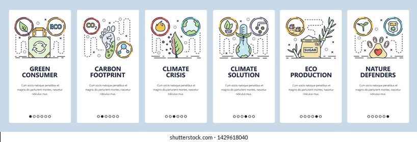 Mobile app onboarding screens. Global warming and climate change. Carbon footprint, nature protection. Menu vector banner template for website and mobile development. Web site design flat illustration