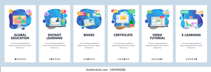 Mobile app onboarding screens. Global education, online courses and tutors, graduation certificate. Menu vector banner template for website and mobile development. Web site design flat illustration.