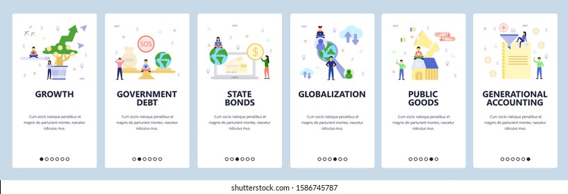 Mobile app onboarding screens. Government debt, money investment growth, state bonds, globalization. Menu vector banner template for website and mobile development. Web site design flat illustration.