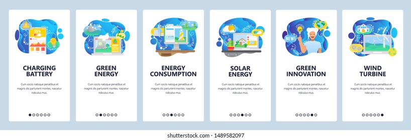 Mobile app onboarding screens. Green energy, power consumption, battery charging. Menu vector banner template for website and mobile development. Web site design flat illustration.