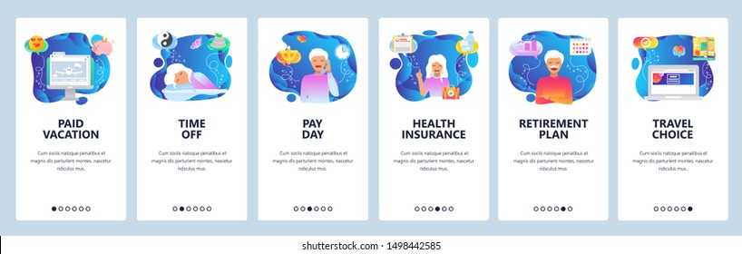 Mobile app onboarding screens. Health insurance, retirement plan, time to sleep, flight vacation. Menu vector banner template for website and mobile development. Web site design flat illustration.