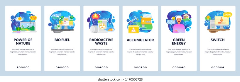 Mobile app onboarding screens. High voltage power line, radioactive waste, green energy. Menu vector banner template for website and mobile development. Web site design flat illustration.