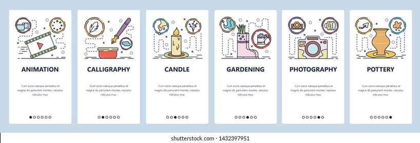 Mobile app onboarding screens. Hobby and leisure activities, photography, calligraphy, animation, gardening. Menu vector banner template for website and mobile development. Web site design flat