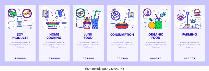 Mobile app onboarding screens. Home cooking, dairy products, fast food and organic farming. Menu vector banner template for website and mobile development. Web site design flat illustration.