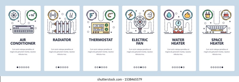 Mobile app onboarding screens. Home climate system, air con, water heater, thermostat. Menu vector banner template for website and mobile development. Web site design flat illustration.