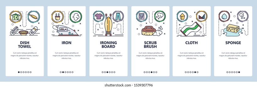 Mobile app onboarding screens. Home cleaning accessories, iron, ironing board, sponge, towel. Menu vector banner template for website and mobile development. Web site design flat illustration.