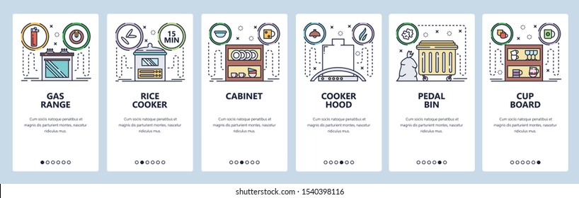 Mobile app onboarding screens. Home kitchen appliances and furniture, interior, oven, hood, rice cooker. Menu vector banner template for website and mobile development. Web site design flat
