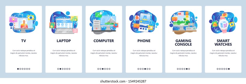 Mobile app onboarding screens. Home electronics and computer gadgets, tv, laptop, phone, console, smart watches. Vector banner template for website and mobile development. Web site design flat