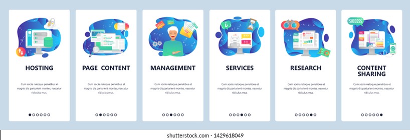 Mobile app onboarding screens. Hosting technology, content, market research, computer online services. Menu vector banner template for website and mobile development. Web site design flat illustration