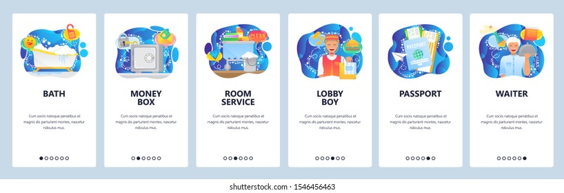 Mobile app onboarding screens. Hotel room service, bath, safe, lobby boy, passport, waiter. Menu vector banner template for website and mobile development. Web site design flat illustration.