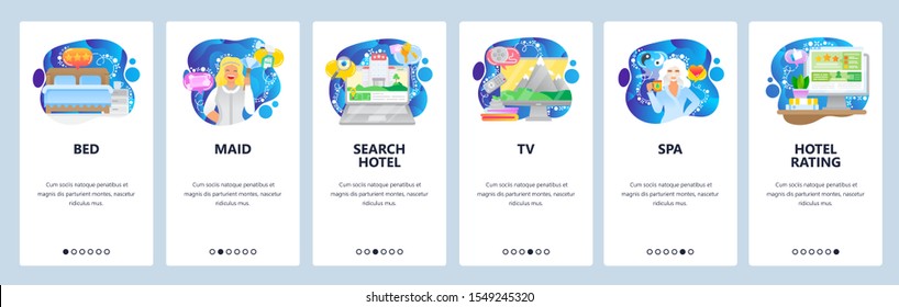 Mobile app onboarding screens. Hotel service, bed, room, maid, search hotel and booking, spa, rating. Menu vector banner template for website and mobile development. Web site design flat illustration.