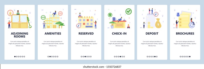 Mobile app onboarding screens. Hotel building, booking room, check-in counter. Menu vector banner template for website and mobile development. Web site design flat illustration.