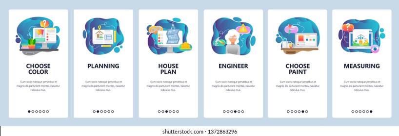Mobile app onboarding screens. House plan, wall color painting, engineer, measures, building construction. Menu vector banner template for website and mobile development. Web site flat illustration.