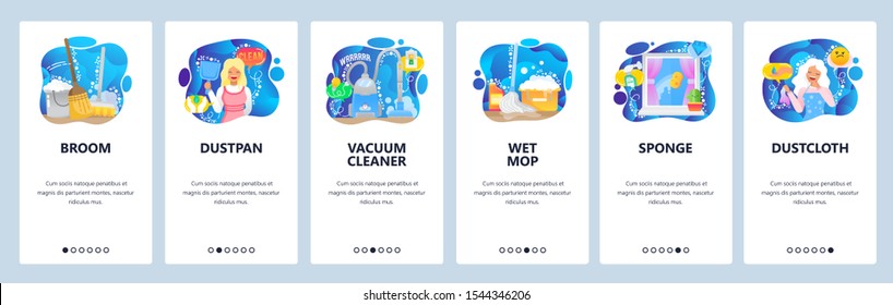 Mobile app onboarding screens. House cleaning service, woman housemaid, vacuum cleaner, broom, dustpan. Menu vector banner template for website and mobile development. Web site design flat