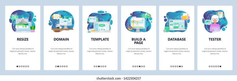 Mobile app onboarding screens. Image resize, www domain internet, template, database. Menu vector banner template for website and mobile development. Web site design flat illustration.