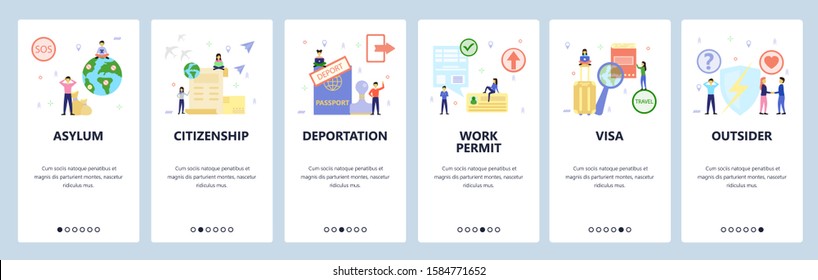 Mobile app onboarding screens. Immigration and international travel, asylum and citizenship, visa, passport. Menu vector banner template for website and mobile development. Web site design flat