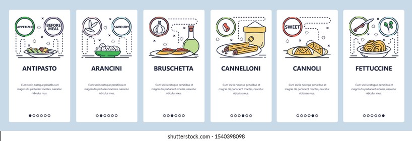 Mobile app onboarding screens. Intalian food cuisine, pasta, bruschetta, cannoli, cannelloni. Menu vector banner template for website and mobile development. Web site design flat illustration.