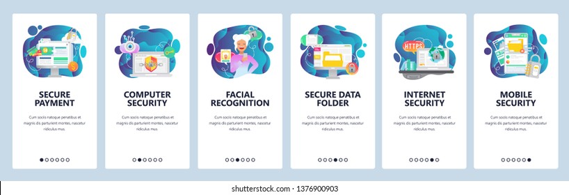 Mobile app onboarding screens. Internet security, data secure access and online payment, facial recognition. Menu vector banner template for website and mobile development. Web site flat illustration.