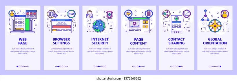 Mobile app onboarding screens. Internet security, global network, media content. Menu vector banner template for website and mobile development. Web site design flat illustration.