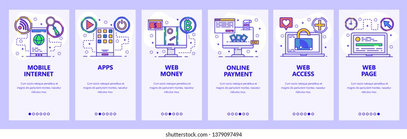 Mobile app onboarding screens. Mobile internet and apps, online payment and digital money, secure access. Menu vector banner template for website and mobile development. Web site design illustration.