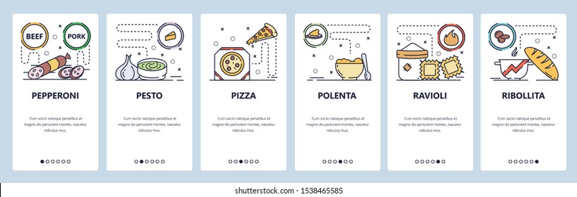 Mobile app onboarding screens. Italian food, salami, pesto sauce, pizza and raviolli. Menu vector banner template for website and mobile development. Web site design flat illustration.