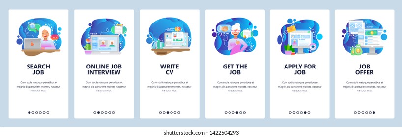 Mobile app onboarding screens. Job search, HR, online job interview, CV and work offer. Menu vector banner template for website and mobile development. Web site design flat illustration.