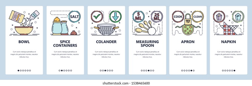 Mobile app onboarding screens. Kitchen accessories and stuff. Menu vector banner template for website and mobile development. Web site design flat illustration.
