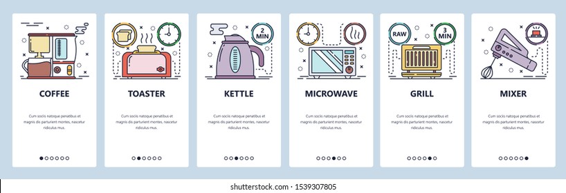 Mobile app onboarding screens. Kitchen appliances, home electronics, coffee, microwave, grill, kettle. Menu vector banner template for website and mobile development. Web site design flat illustration