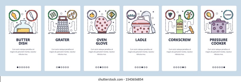 Mobile app onboarding screens. Kitchen appliances and cooking stuff. Menu vector banner template for website and mobile development. Web site design flat illustration.