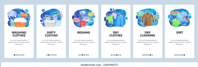 Mobile app onboarding screens. Laundry service, washing clothes, dry cleaning, ironing. Menu vector banner template for website and mobile development. Web site design flat illustration.