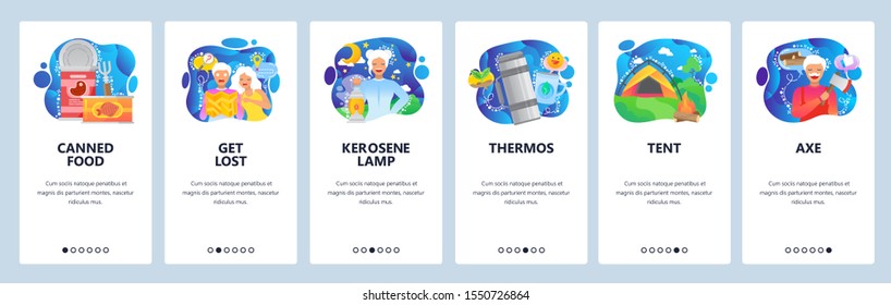 Mobile app onboarding screens. Lost tourists look at the map, camping tent, outdoor travel, thermos, canned food. Vector banner template for website and mobile development. Web site design flat