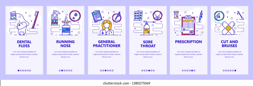 Mobile app onboarding screens. Medical doctor, clinic and prescription drugs. Menu vector banner template for website and mobile development. Web site design flat illustration.