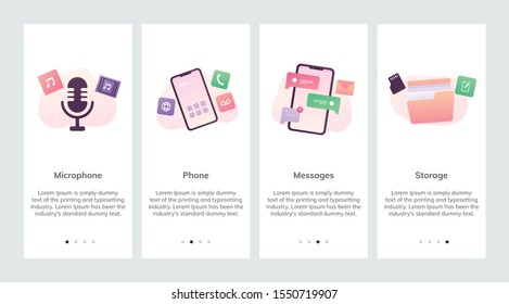 Mobile App Onboarding Screens. Menu Vector Banner Template For Website And Mobile Design. Web Site Design Flat Illustration. Microphone. Phone. Messages. Storage. App Permission. 