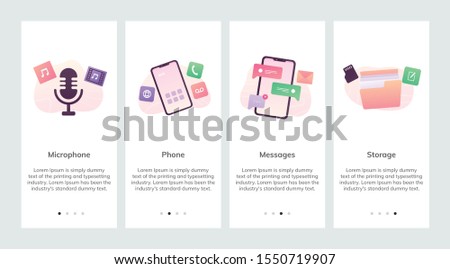 Mobile app onboarding screens. Menu vector banner template for website and mobile design. Web site design flat illustration. Microphone. Phone. Messages. Storage. App Permission. 