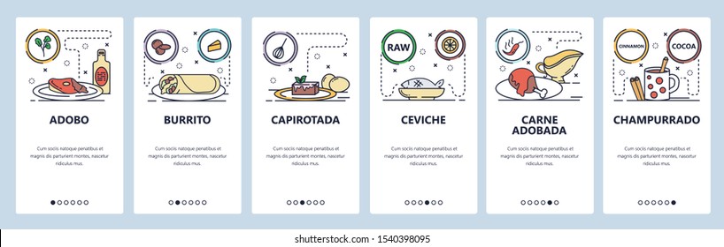 Mobile app onboarding screens. Mexican cuisine, food menu, burrito, ceviche. Vector banner template for website and mobile development. Web site design flat illustration.