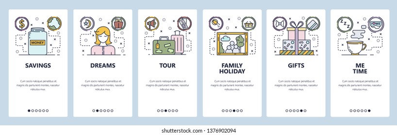 Mobile app onboarding screens. Money savings, travel bag, family portrait, me time. Menu vector banner template for website and mobile development. Web site design flat illustration.