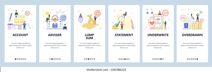 Mobile App Onboarding Screens. Money Investment Business And Banking, Underwrite, Statement, Bank Account, Financial Adviser. Menu Vector Banner Template For Website And Mobile Development. Web Site