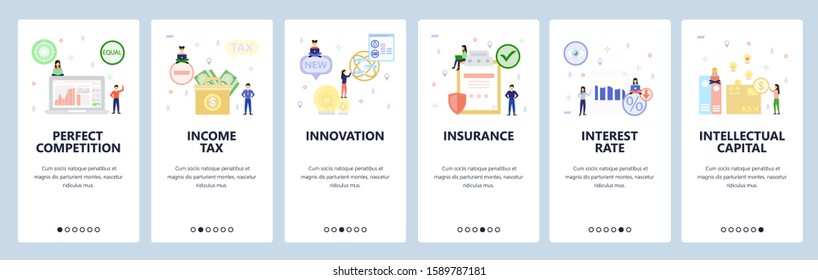 Mobile app onboarding screens. Money investment, income tax, insurance, interest rate. Menu vector banner template for website and mobile development. Web site design flat illustration.