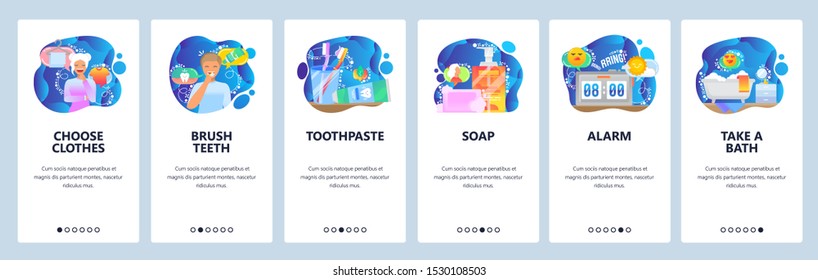 Mobile app onboarding screens. Morning routine, toothbrush, soap, alarm clock, taking a bath. Menu vector banner template for website and mobile development. Web site design flat illustration.