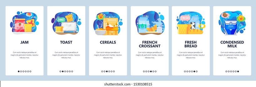 Mobile app onboarding screens. Morning breakfast food, cereals, toast, jam, bread. Menu vector banner template for website and mobile development. Web site design flat illustration