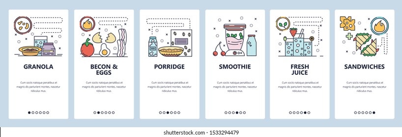 Mobile app onboarding screens. Morning breakfast and fast food, becon with eggs, porrige, smoothie and juice drink. Menu vector banner template for website and mobile development. Web site design flat