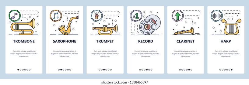 Mobile app onboarding screens. Musical instruments, trombone, saxophone, clarinet, harp, vinyl record. Menu vector banner template for website and mobile development. Web site design flat illustration