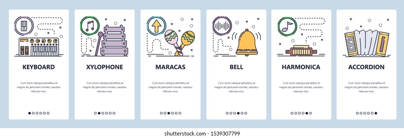 Mobile app onboarding screens. Musical instruments, keyboard, xylophone, maracas, harmonica, accordion. Menu vector banner template for website and mobile development. Web site design flat